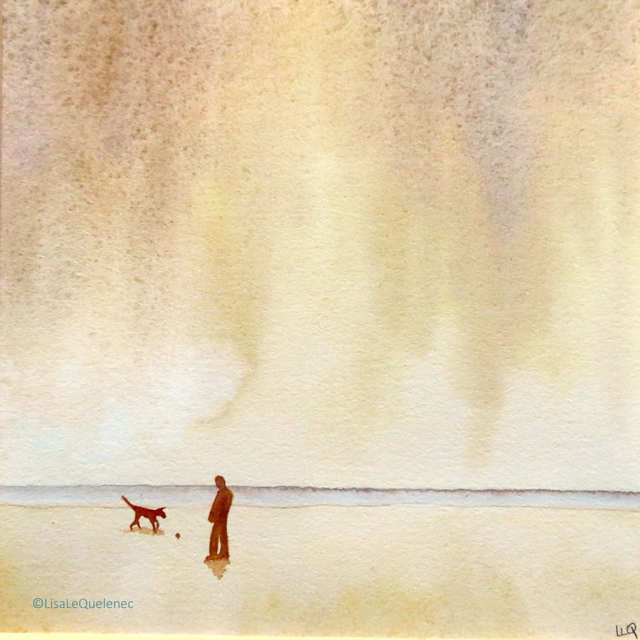 Never alone - walking the dog on the beach original watercolour painting