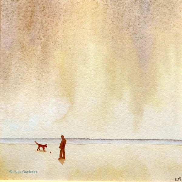 Never alone - walking the dog on the beach original watercolour painting