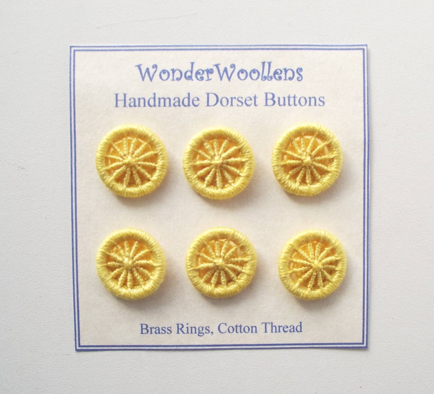 Dorset Buttons, Handmade, Yellow Cotton Thread on Brass Rings