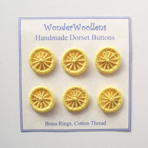 Dorset Buttons, Handmade, Yellow Cotton Thread on Brass Rings