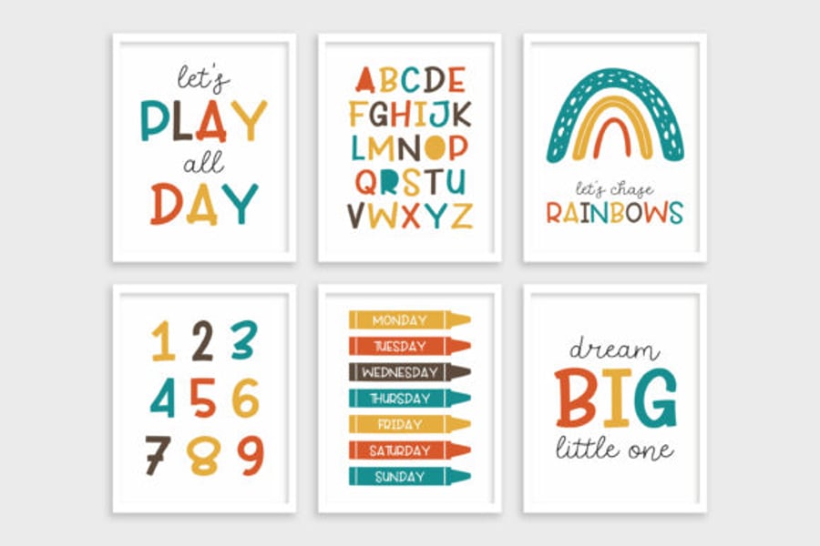 Set of 6 Educational Prints for Child's Bedroom, Nursery or Playroom