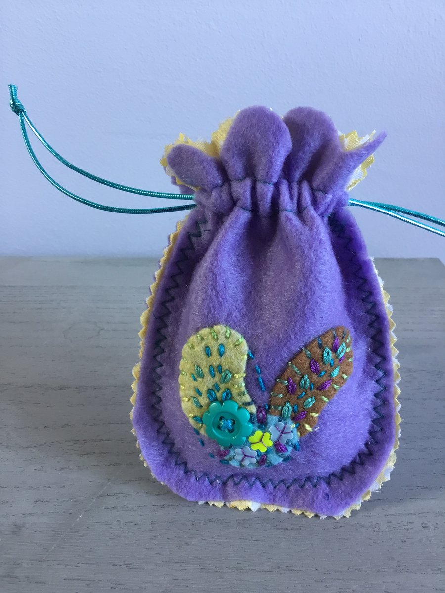 Hand Embroidered Lavender Felt Bag