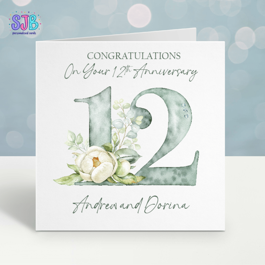 Handmade Personalised 12th Wedding Anniversary Card