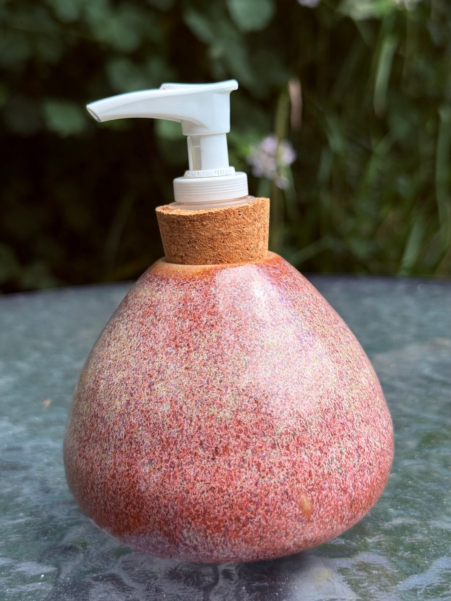 Hand thrown stoneware soap dispenser with pump. Speckled pink colour