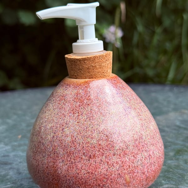 Hand thrown stoneware soap dispenser with pump. Speckled pink colour