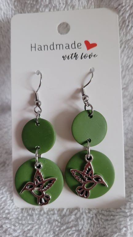 Hummingbird Green Polymer Clay Earrings.  316 Surgical Stainless Steel