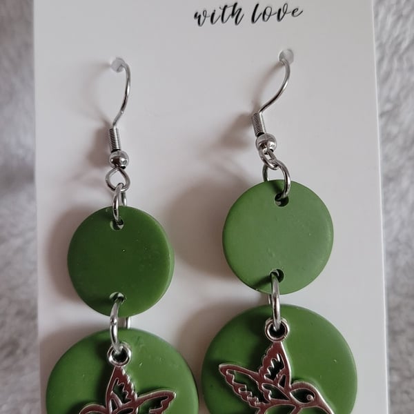 Hummingbird Green Polymer Clay Earrings.  316 Surgical Stainless Steel