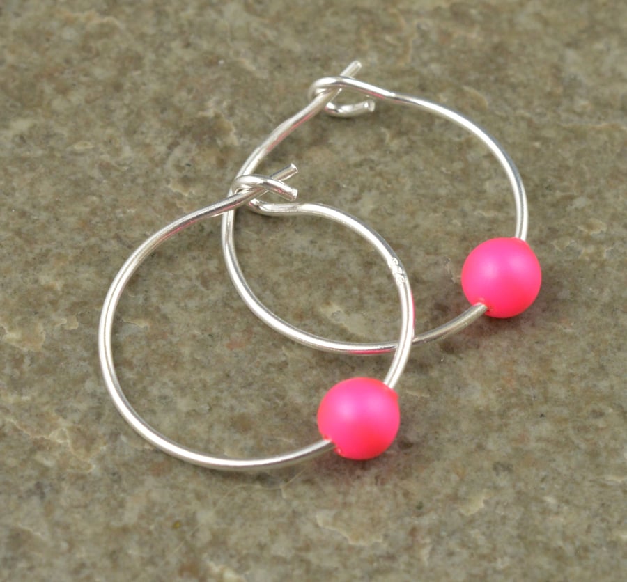 Fluorescent Neon Pink Swarovski Crystal Pearl 15mm Sterling Silver Hoop Earrings