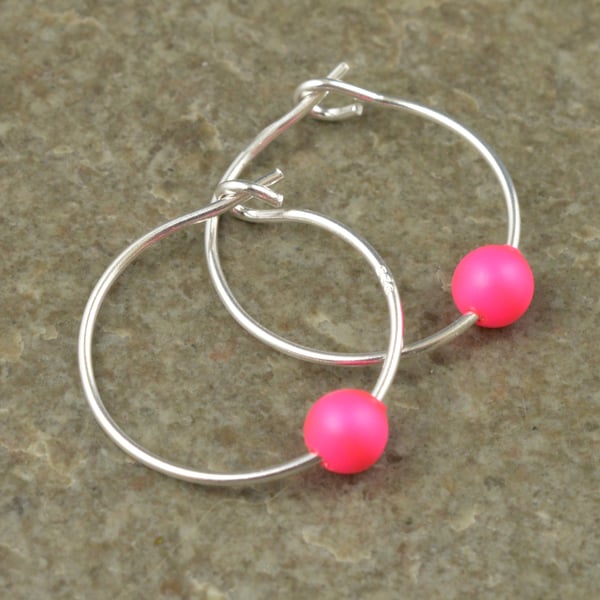 Fluorescent Neon Pink Swarovski Crystal Pearl 15mm Sterling Silver Hoop Earrings