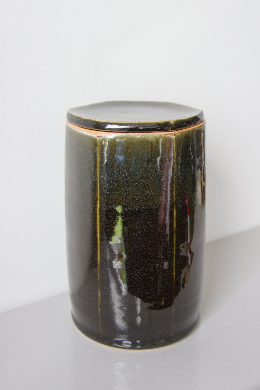Hexagonal Lidded Jar in Dark Green and Celadon Glazes - Handmade