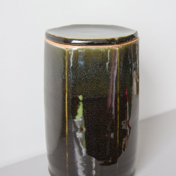 Hexagonal Lidded Jar in Dark Green and Celadon Glazes - Handmade