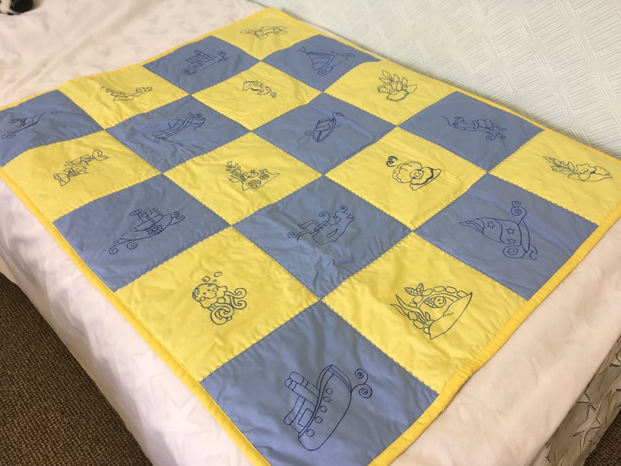 Child’s Quilt with Sea Life Designs.Toddler Size Bed, Travel Cot Cover, Play Mat