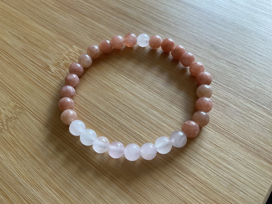 Natural Sunstone and Rose Quartz gemstone beaded elastic bracelet