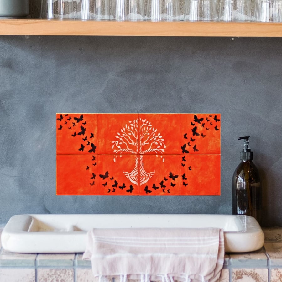 Kitchen Backsplash Tile, Ceramic Painted Tiles, Tree of Life Wall Art