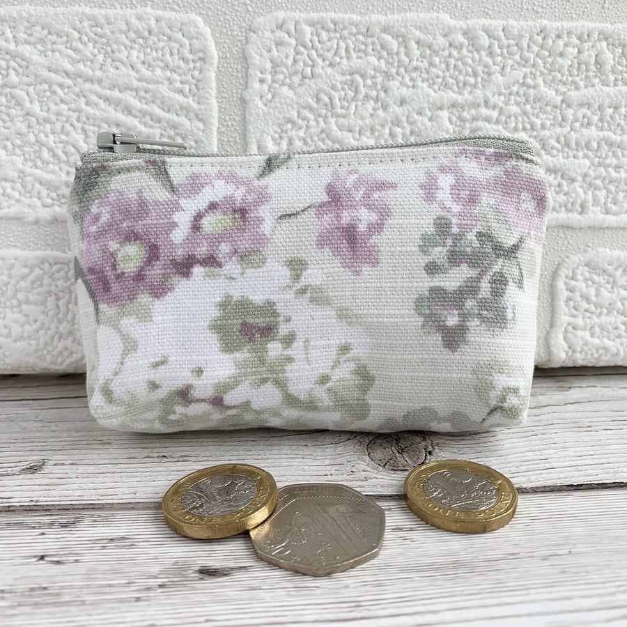 Small purse, coin purse with pastel lilac and white flowers