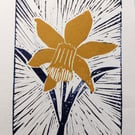 'Daffodil' - 5x7 inch lino print in navy and gold - daffodil art print