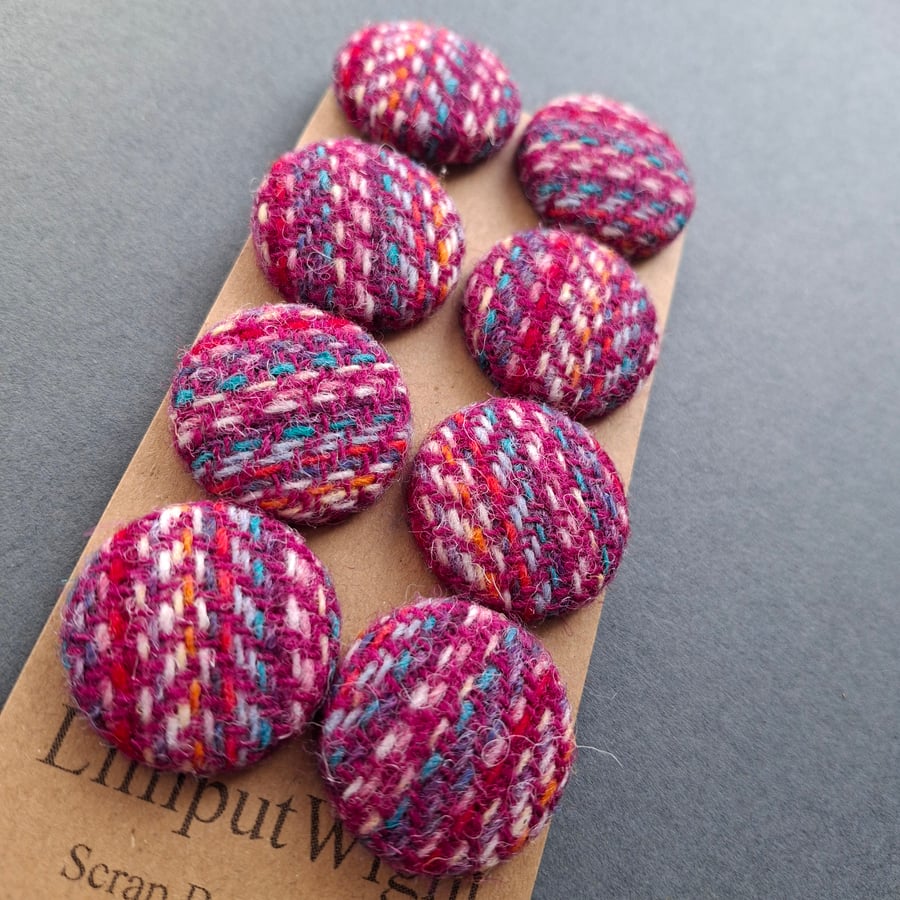 Set of eight scrap bag buttons - plum and multi coloured Harris Tweed