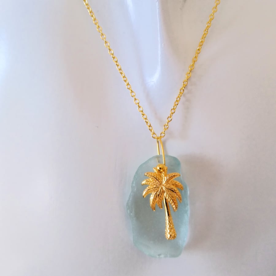Sea Glass & Gold Palm Tree Charm With Gold Plate 925 Silver 18 inch Cable chain