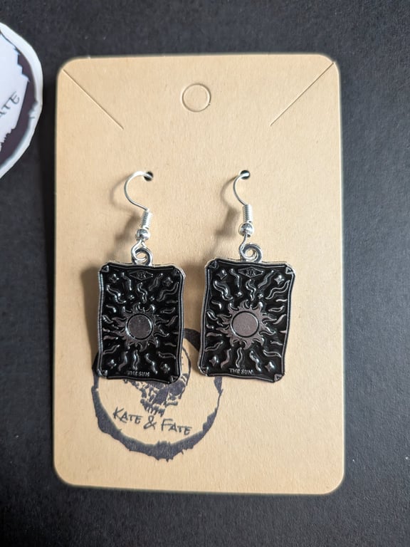 The Sun Tarot Card Earrings, Celestial Black Enamel Drop Earrings, Gothic Jewell