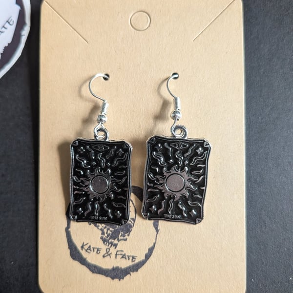 The Sun Tarot Card Earrings, Celestial Black Enamel Drop Earrings, Gothic Jewell