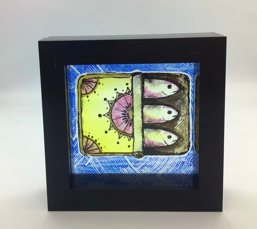 SARDINES in a tin - stained glass mini panel