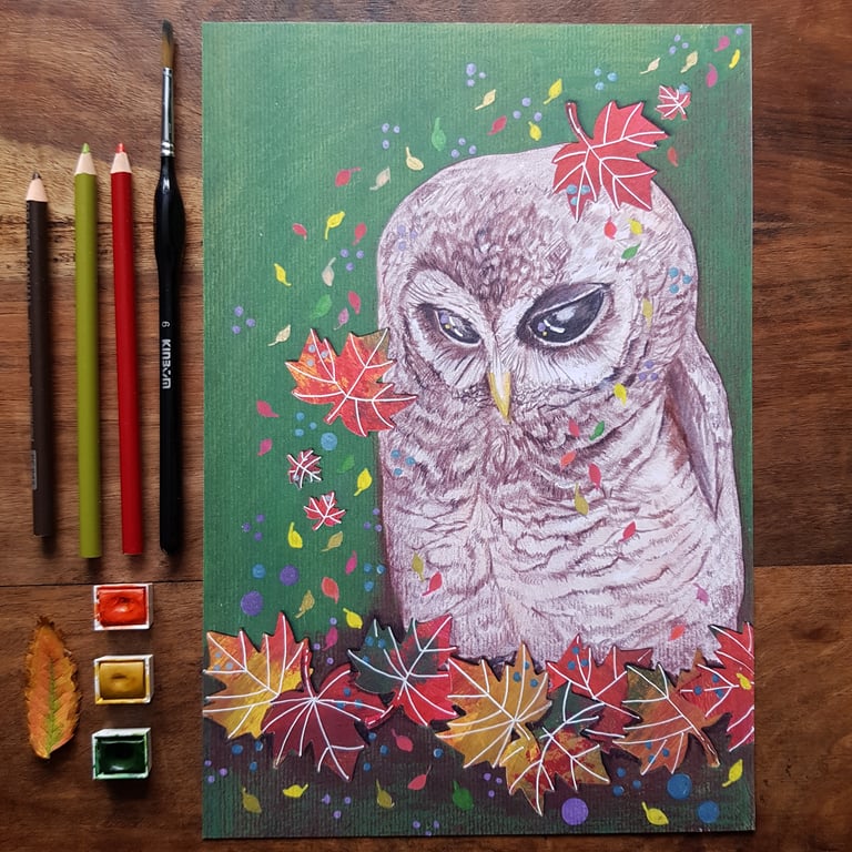 Owl and autumn leaves art print