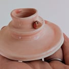 Handmade Pink Candle Holder with Tiny Robin Bird , Pottery for Christmas
