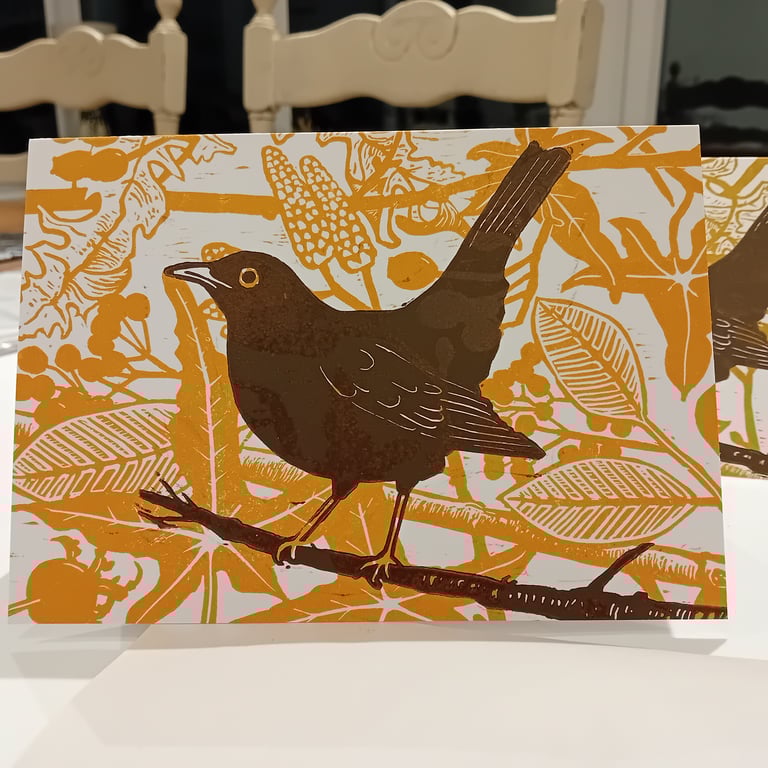 Blackbird Lino cut Card Handprinted