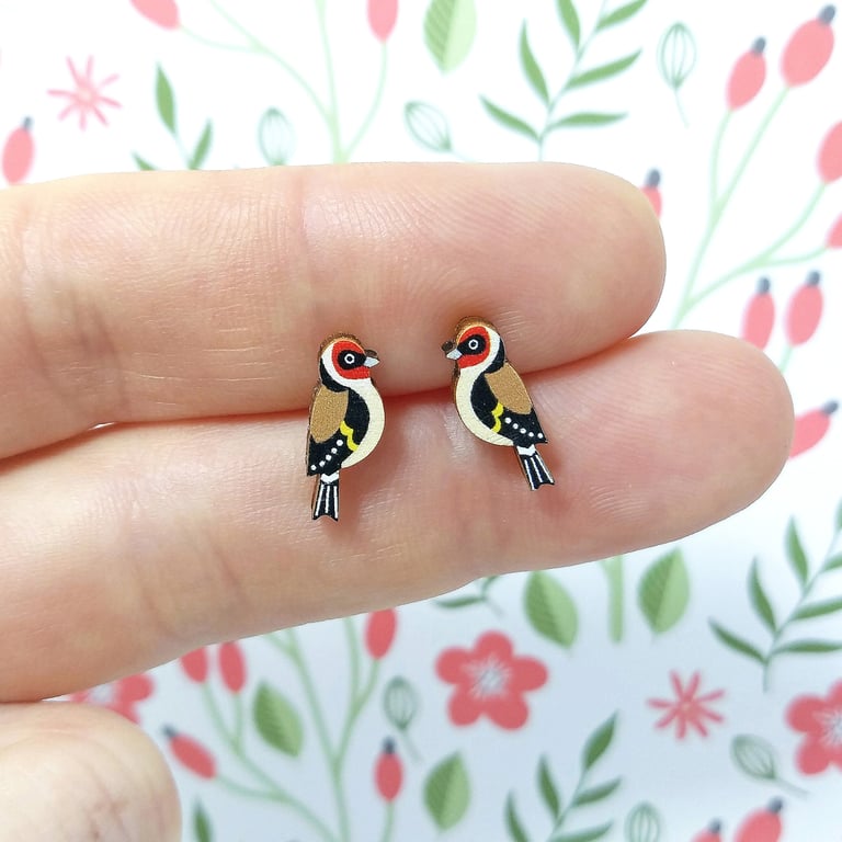 Goldfinch Stud Earrings, Bird Jewellery, Silver Plated or Sterling Silver Backs