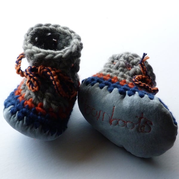 Wool & leather baby boots - grey, orange, navy - 12-18 months