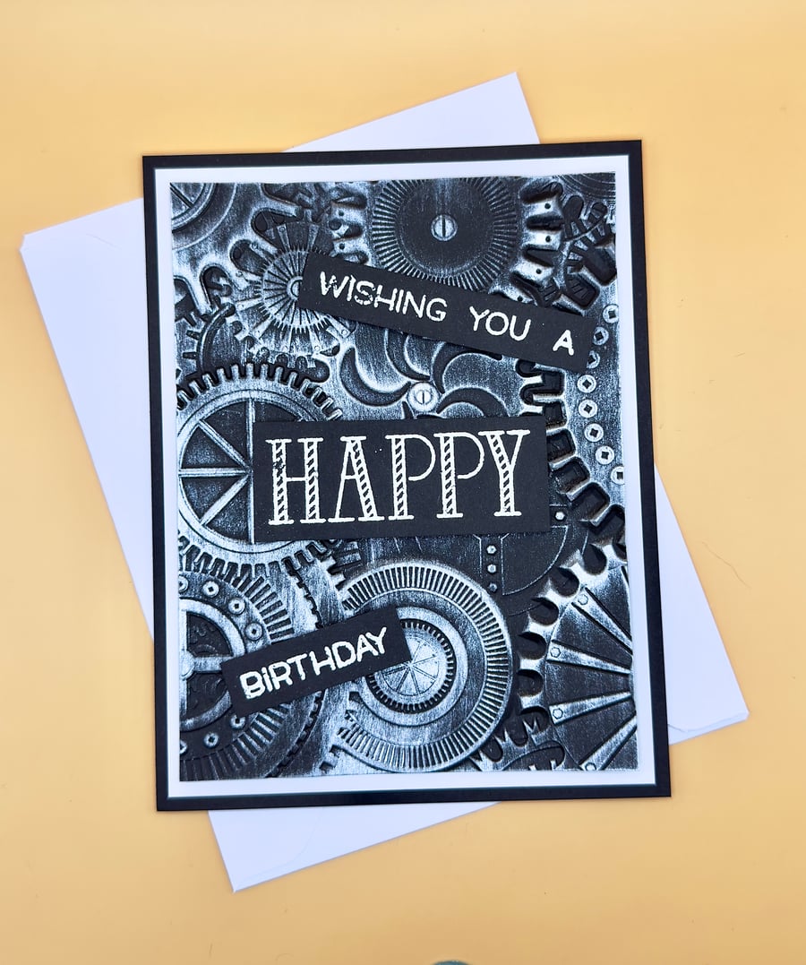 Handmade Birthday Card, Steampunk Gears Design “Wishing You a Happy Birthday” 