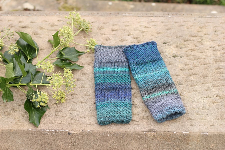 Fingerless gloves - Comfy mittens green blue grey women's, knitwear UK gift 