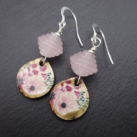 pink rose lampwork glass and ceramic earrings