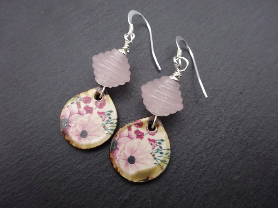 pink rose lampwork glass and ceramic earrings