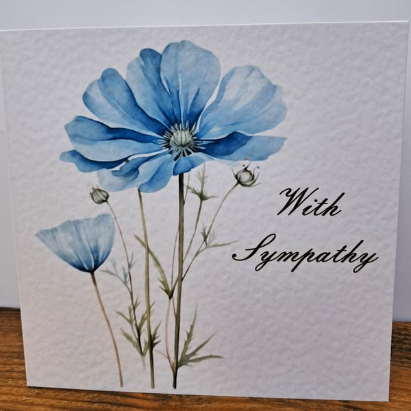C6724    With Sympathy Card, Hammered Card, Blue Flower,
