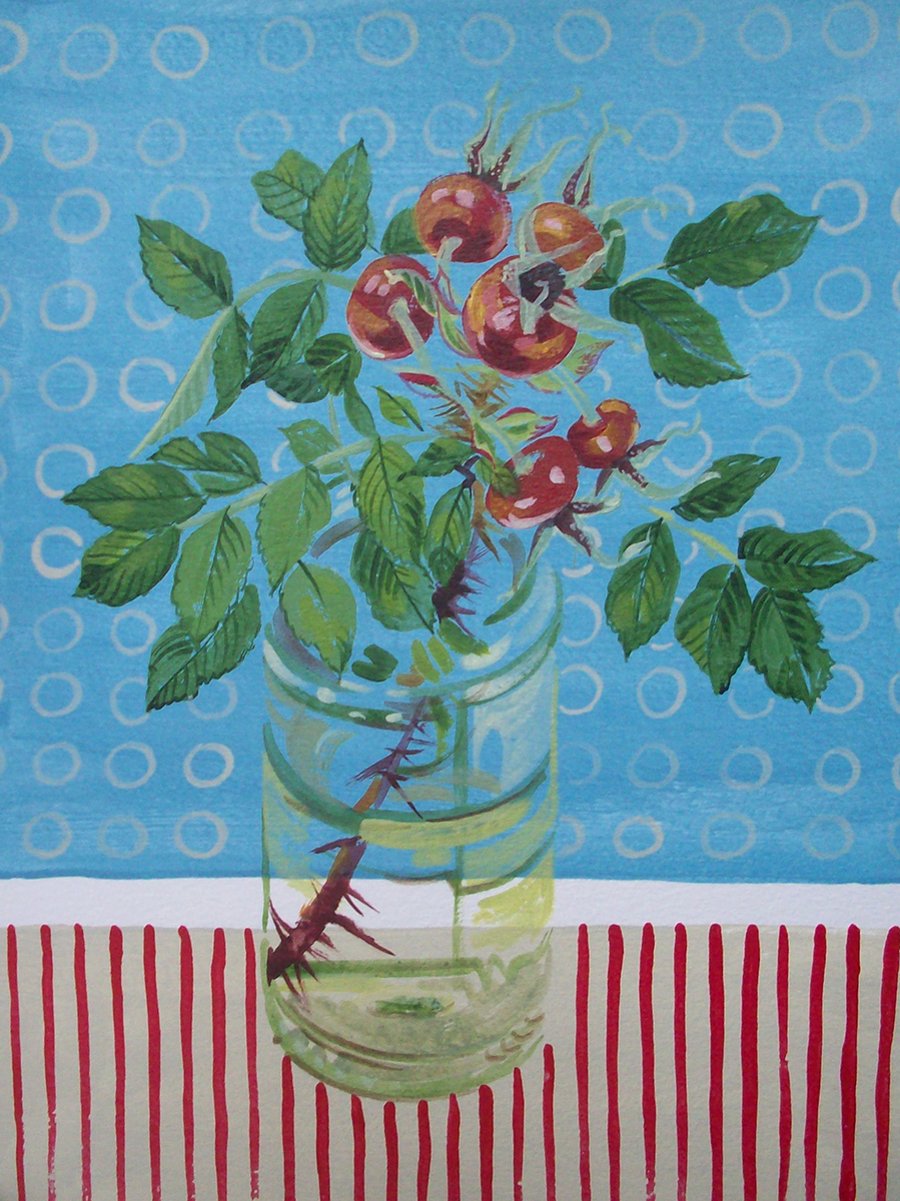 Vase with rosehips