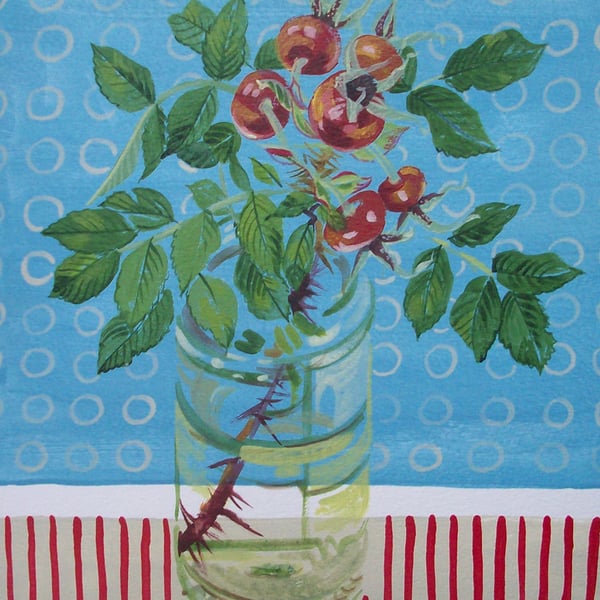 Vase with rosehips