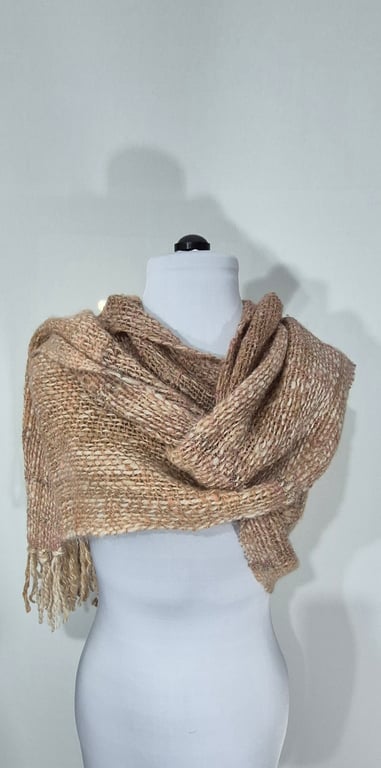 22.Handwoven Alpaca Shawl. Toffee and Peach with Cream. .