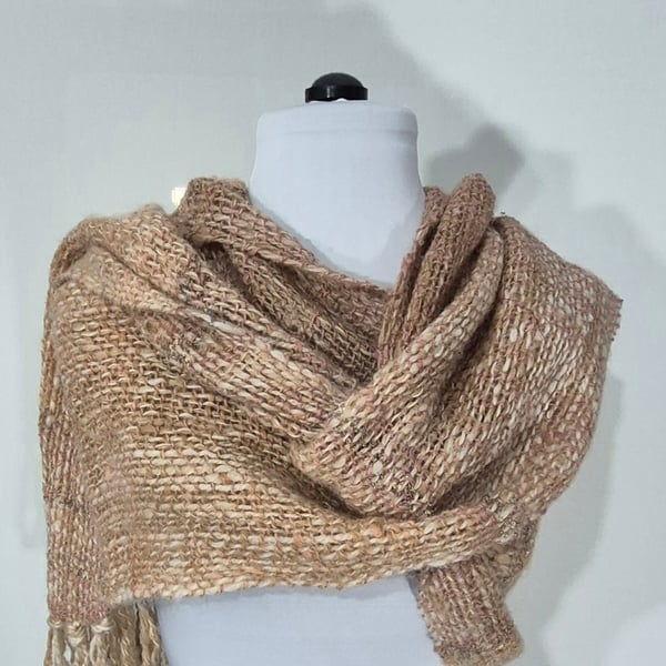 22.Handwoven Alpaca Shawl. Toffee and Peach with Cream. .