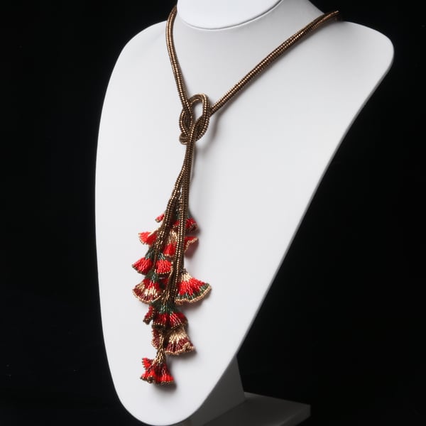 Beaded Ginkgo Leaf Lariat Necklace in Autumn Colours