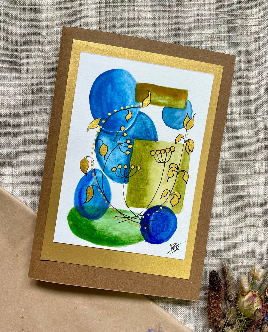 Card, greeting card, original artwork, abstract art, blues and greens.