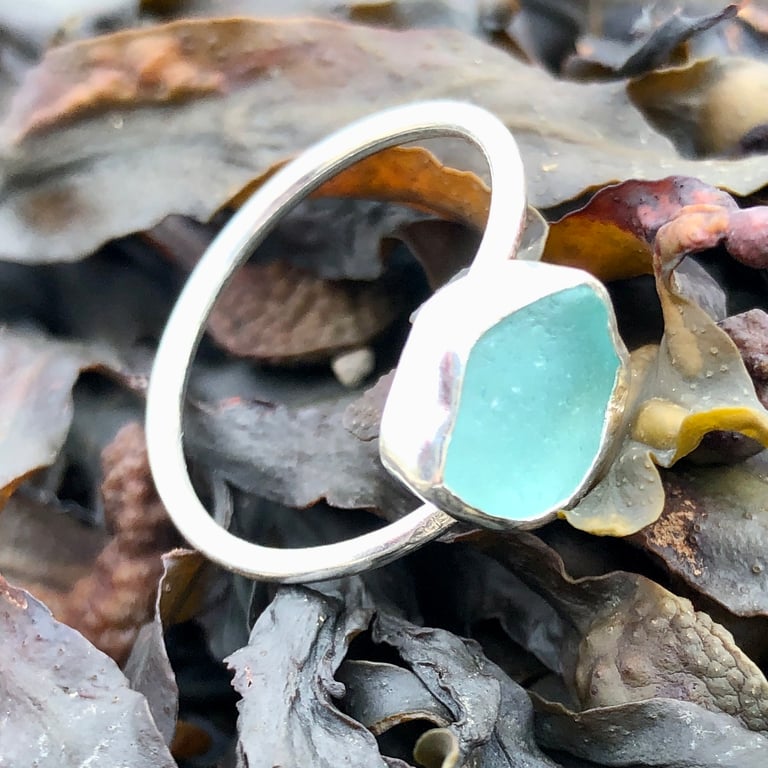 Aqua Twist Sea Glass and Sterling Silver Ring- Size S - 1171