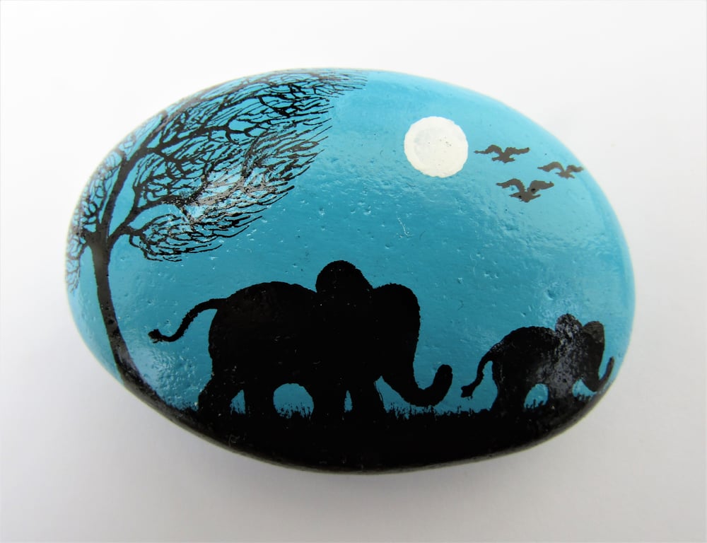 Elephant Painting on Stone, Mother Daughter Gift, Pebble Art, Baby Animal Moon