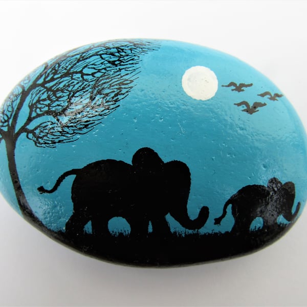 Elephant Painting on Stone, Mother Daughter Gift, Pebble Art, Baby Animal Moon