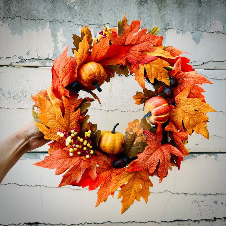 Autumn leaves sunflower wreath Halloween pumpkin porch decor farmhouse wall art