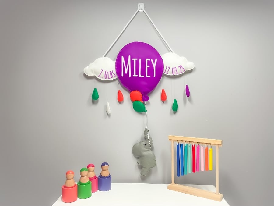 Purple Balloon - Personalised felt nursery wall and door sign