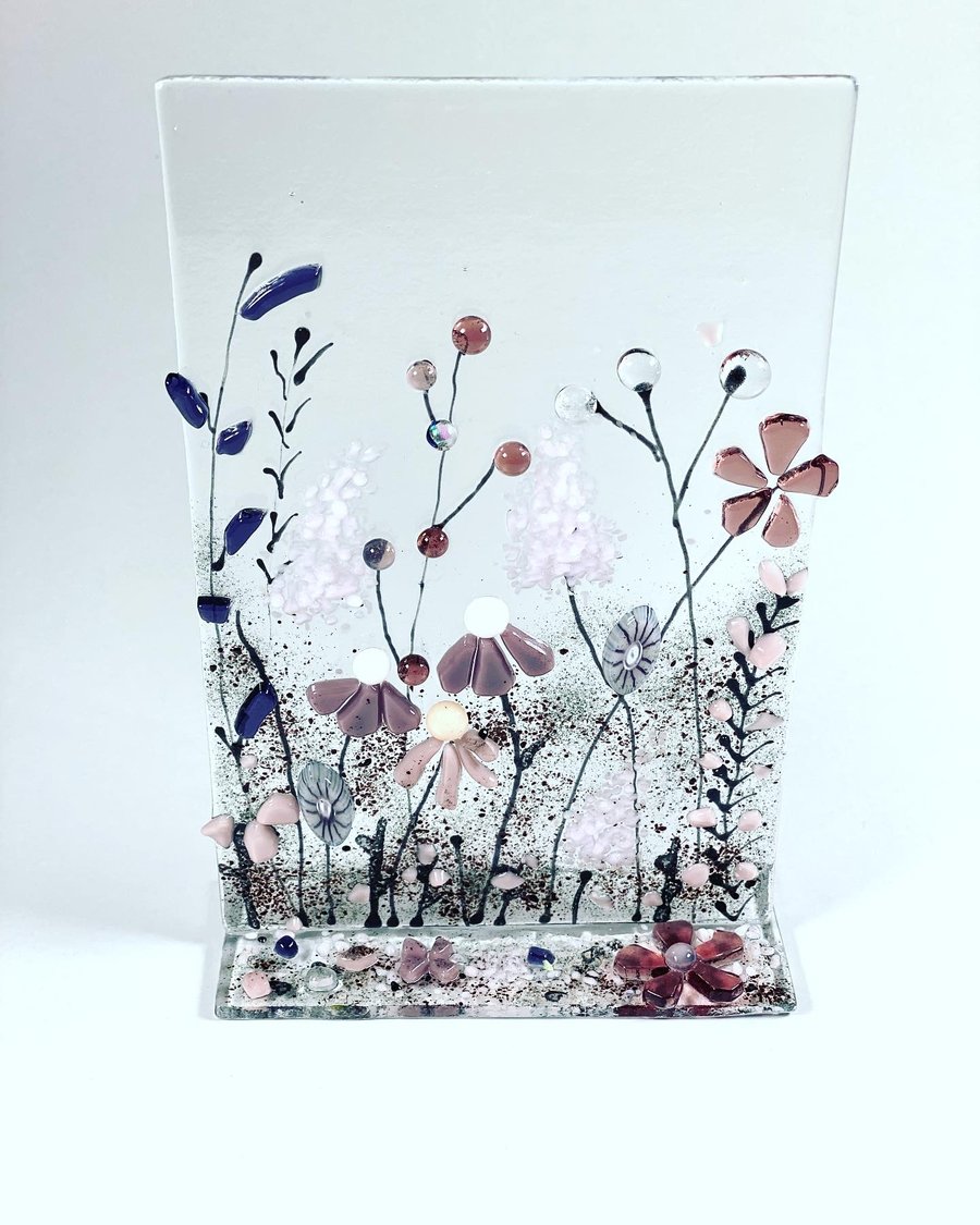 Pretty fused glass art - free standing floral panel