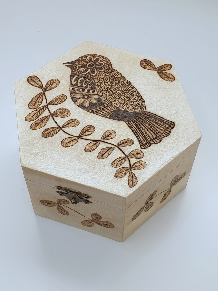 Pyrography song bird wooden jewellery box or storage box 