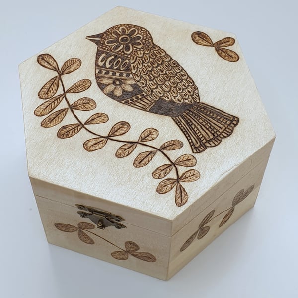Pyrography song bird wooden jewellery box or storage box 