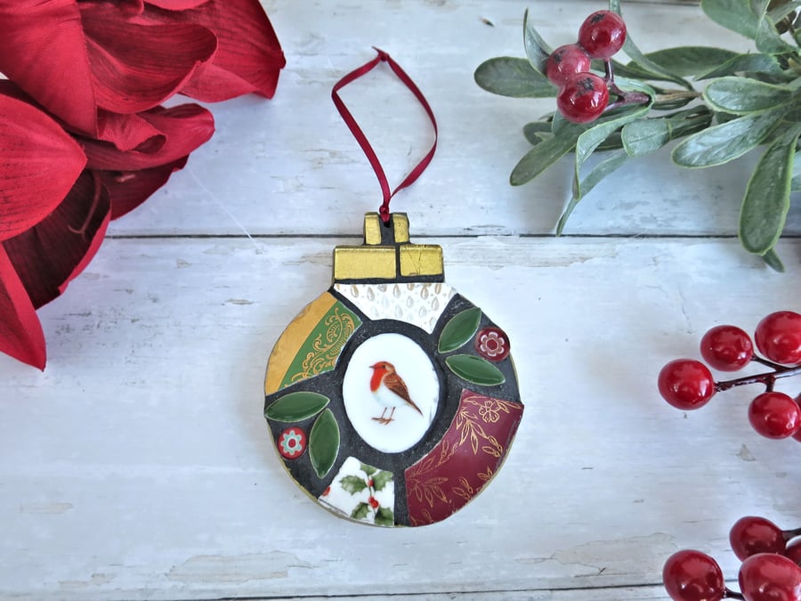 Mosaic Christmas Bauble, Festive Tree Decor, Robin Ornament
